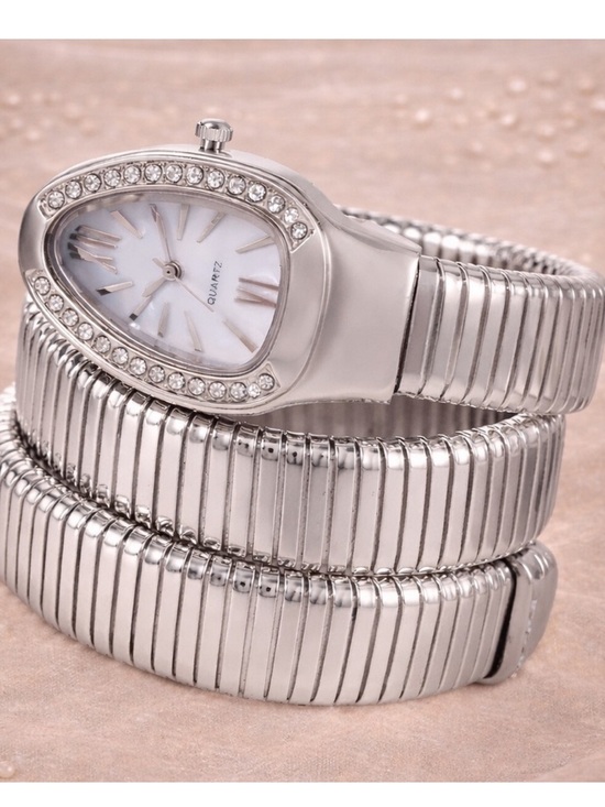 Serpenti Silver Snake Crystal-Trim Coil Watch with Mother-of-Pearl Dial